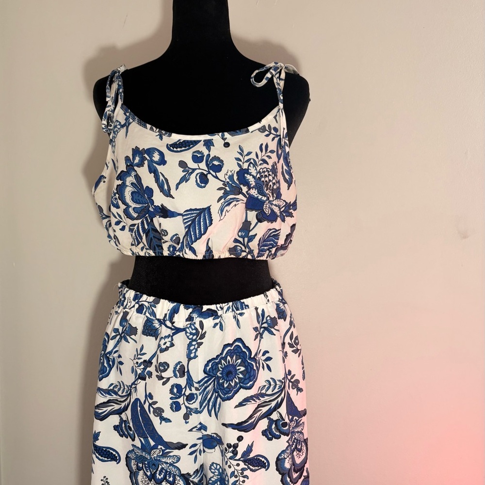 Blue & White Floral Two-Piece Crop Top and Skirt Set